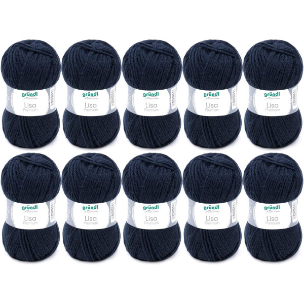 photo-10 pelotes de laine - Bleu marine - 19 - 100% acrylique - 3,5/4,5 mm - Gründl - Lisa Premium