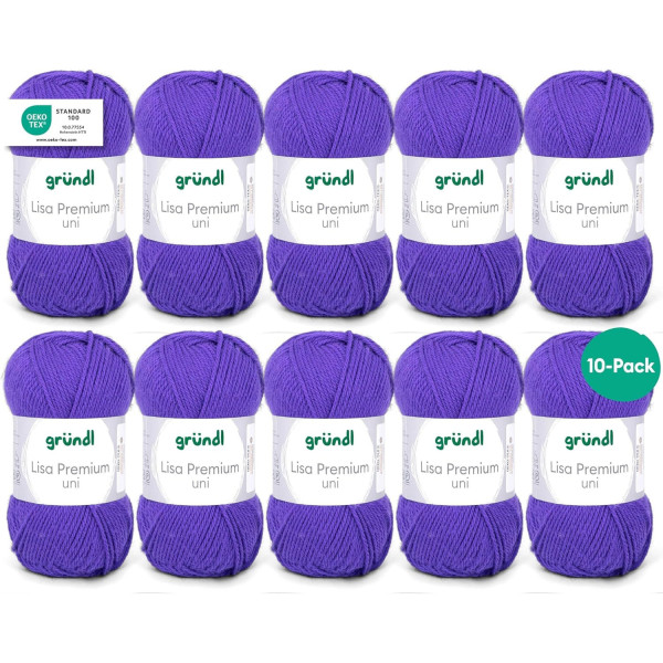 photo-10 pelotes de laine - Violet foncé - 21 - 100% acrylique - 3,5/4,5 mm - Gründl - Lisa Premium