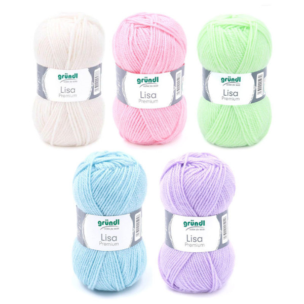 5 pelotes de laine - Crème, rose bébé, vert fluo, bleu clair et lilas - 100% acrylique - Gründl - Lisa Premium