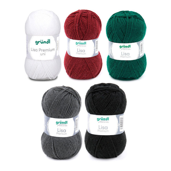 photo-5 pelotes de laine - Blanc, bordeaux, vert sapin, anthracite et noir - 100% acrylique - Gründl - Lisa Premium