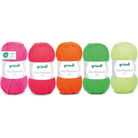 phoot-5 pelotes de laine - Jaune fluo, rose fluo, vert matcha, rose et orange fluo - 100% acrylique - Gründl - Lisa Premium