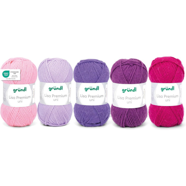 photo-5 pelotes de laine - Rose, lilas, fuchsia, violet et pourpre - 100% acrylique - Gründl - Lisa Premium