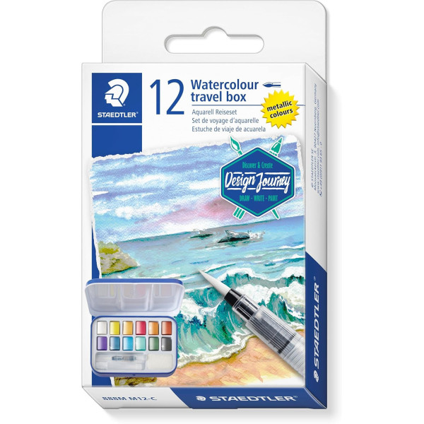 photo-Peinture aquarelle - Kit voyage - 12 couleurs métalliques + 1 pinceau à eau + éponge - Staedtler