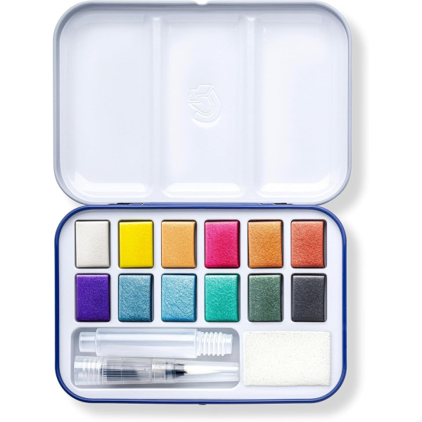 Peinture aquarelle - Kit voyage - 12 couleurs métalliques + 1 pinceau à eau + éponge - Staedtler
