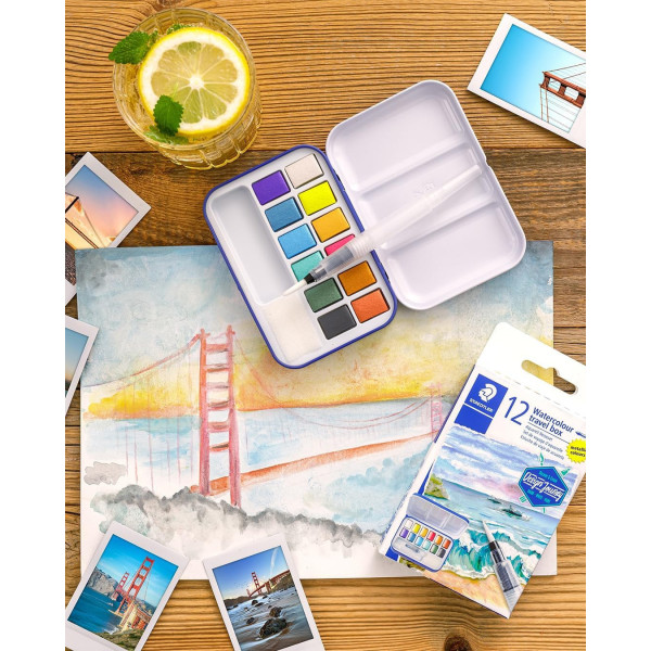 Peinture aquarelle - Kit voyage - 12 couleurs métalliques + 1 pinceau à eau + éponge - Staedtler