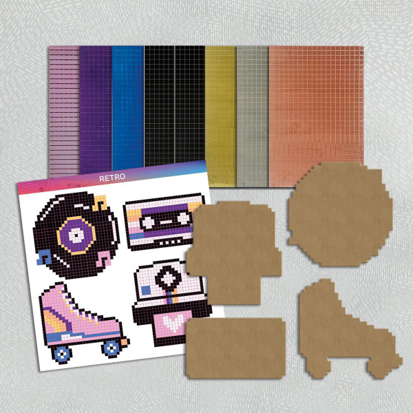 Kit créatif - 4 objets à décorer - Cassette, roller, disque et polaroïd - Bois - Mirror Pixel Art - Rétro - Aladine