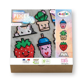 photo-Kit créatif - 4 objets à décorer - Personnages Kawaï - Bois - Mirror Pixel Art - Kawaï - Aladine