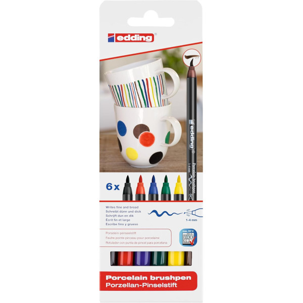photo-Marqueurs - Feutres - Pour porcelaine - 6 couleurs classiques - Pointe pinceau - Edding
