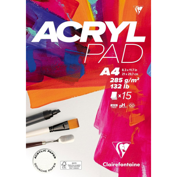Bloc - Acrylique - Gouache - A4 - 15 feuilles 285g - Blanc - Clairefontaine - Acryl Pad
