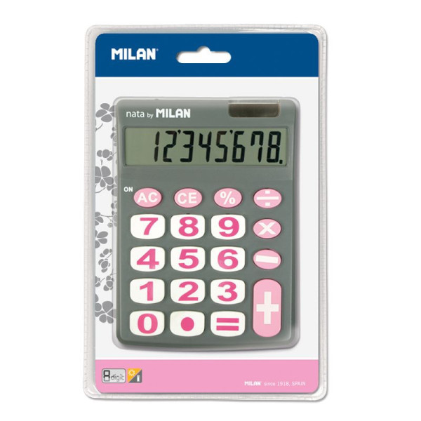 Calculatrice de bureau - 8 chiffres - Rose et gris - Grosses touches - Piles et solaire