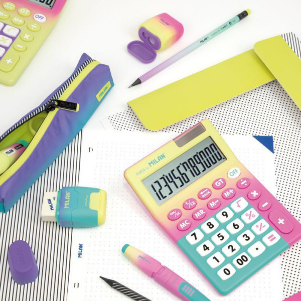 Calculatrice de bureau - 12 chiffres - Piles et solaire - Sunset - Jaune Rose Milan