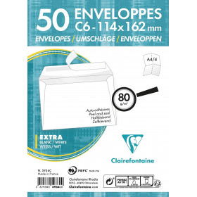 photo-Paquet de 50 enveloppes - Blanches - C6 114X162mm - Auto-adhésive - Clairefontaine