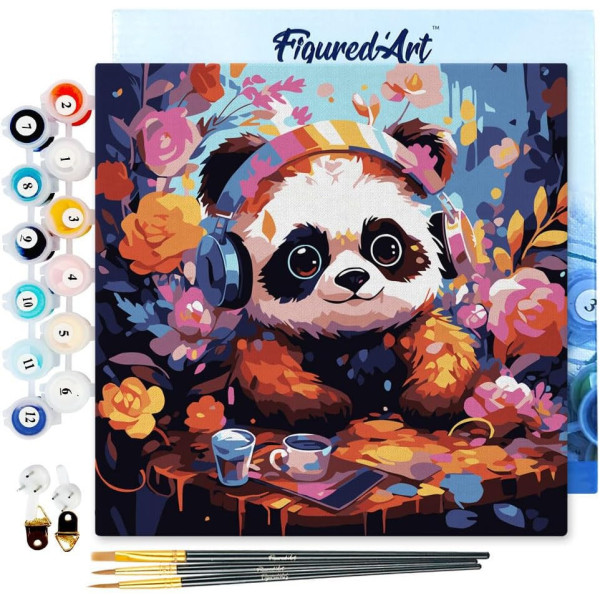 photo-Peinture par numéro - 20x20cm - Panda fantaisie et fleurs - Toile + pinceaux + peinture - Figured'Art