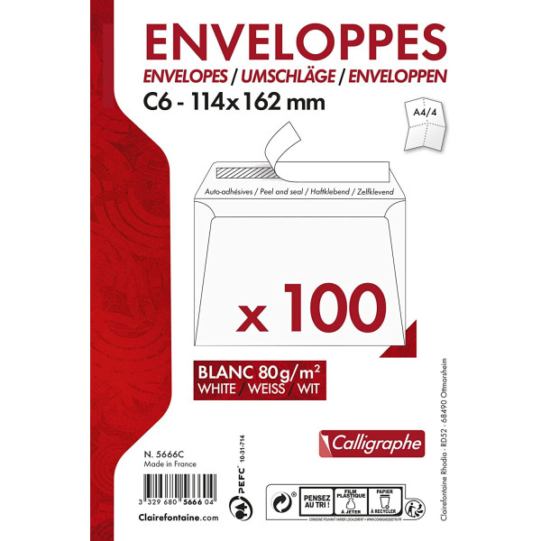 photo-Paquet de 100 enveloppes - Blanches - C6 114x162mm - Auto-adhésive - Clairefontaine