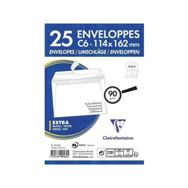 photo-Paquet de 25 enveloppes - Blanches - C6 114x162mm - Auto-adhésive - Clairefontaine