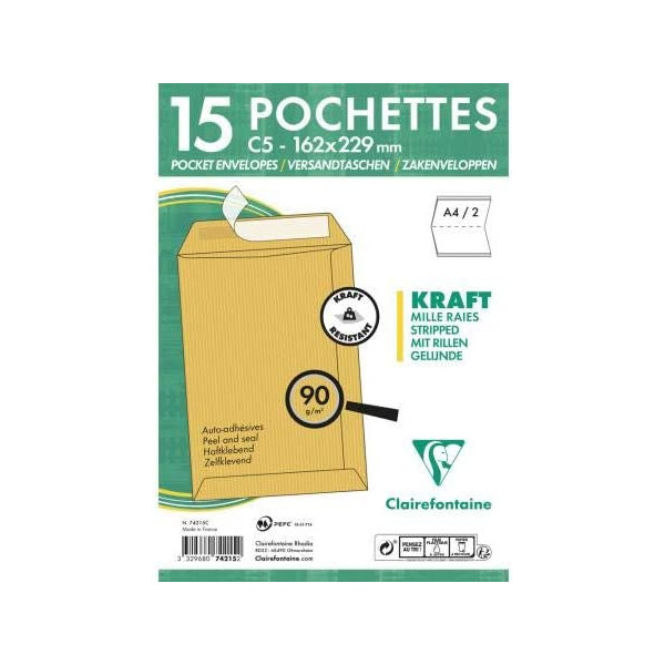 photo-15 enveloppes - Kraft brun - C5 162x229mm - Auto-adhésive - Clairefontaine