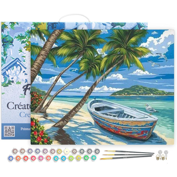 photo-Peinture par numéro - Barque sous les cocotiers - 40x50cm - Toile + pinceaux + peinture - Facile - Figured'Art