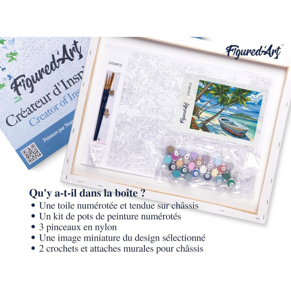 Peinture par numéro - Barque sous les cocotiers - 40x50cm - Toile + pinceaux + peinture - Facile - Figured'Art