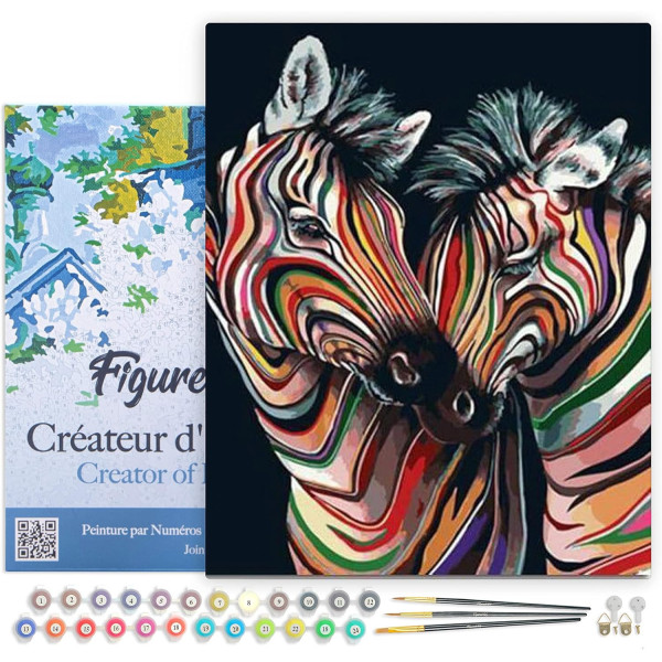 photo-Peinture par numéro - Zèbres colorés - 40x50cm - Toile + pinceaux + peinture - Facile - Figured'Art