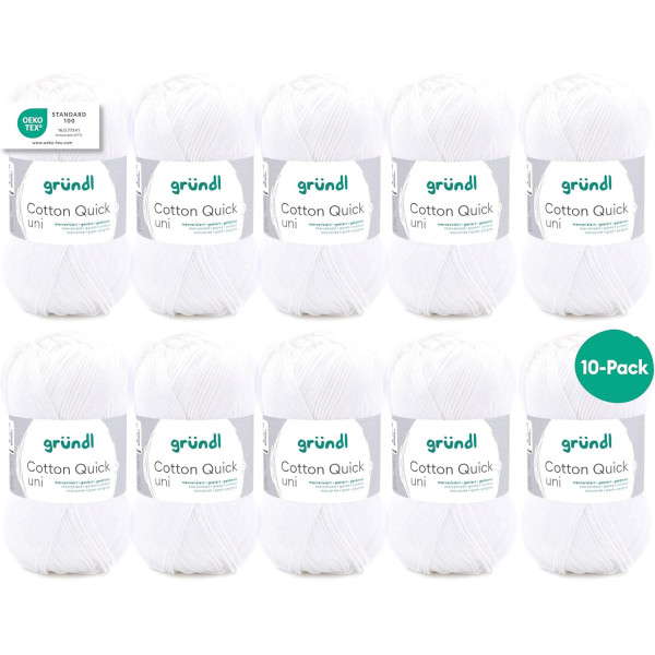 photo-10 pelotes de laine - Blanc - 01 - 100% coton - 3/4 mm - Gründl - Cotton Quick Uni