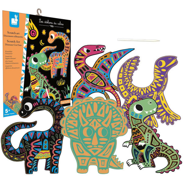 Jeu créatif - Coloriage à gratter - Les dinosaures - 5 modèles - Stylet + livre inclus - Dès 5 ans - Janod