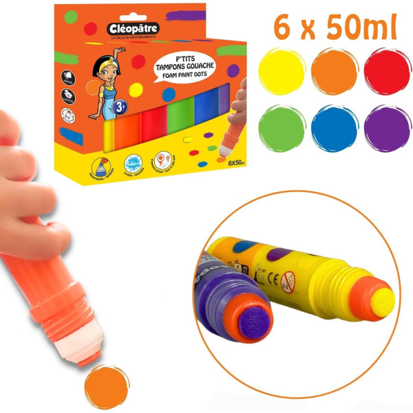 Gouache - Tampons de peinture - Enfant  - 6 couleurs - Cléopâtre - Scolaire - Loisirs créatifs