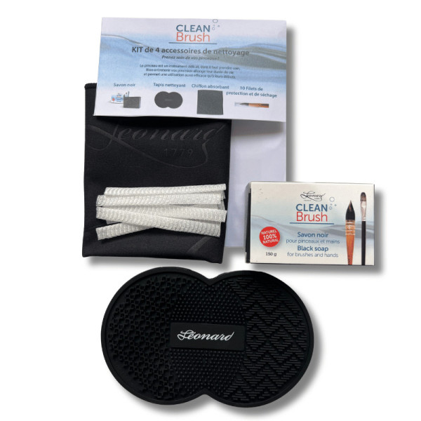 photo-Kit de nettoyage pour pinceaux - Beaux-arts - Savon + chiffon + filets + tapis nettoyant - Léonard