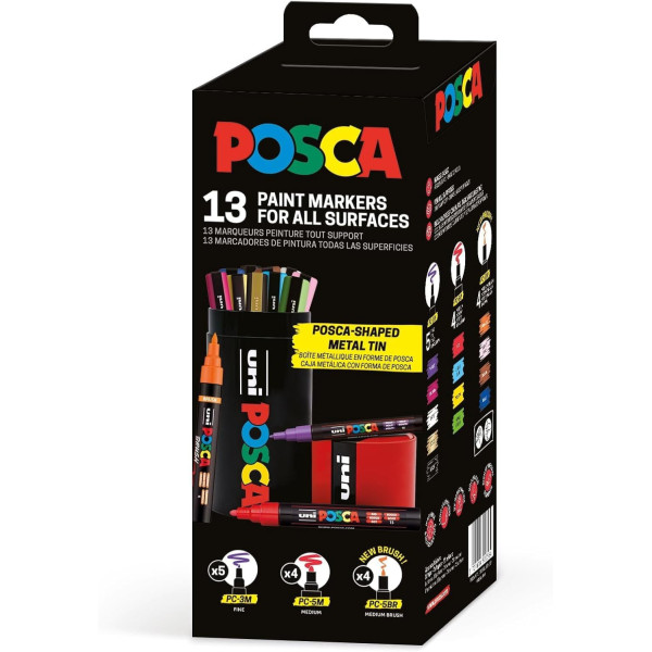 Feutres - POSCA - PC3M - PC5M - Brush - 13 couleurs - Assorties - Pot métal