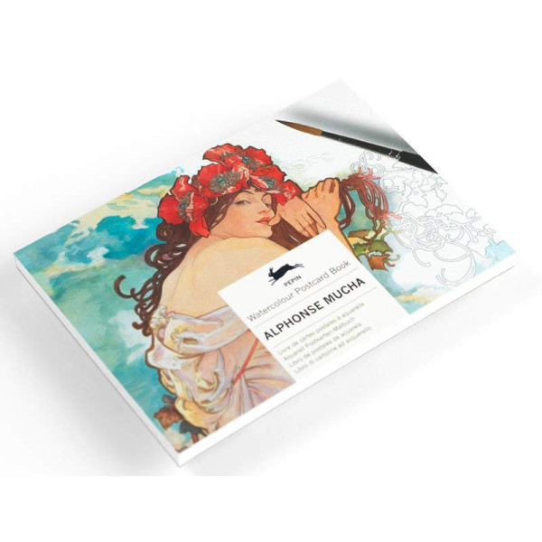 photo-Livre de cartes postales à peindre - Aquarelle - 15x10,5cm - 16 modèles d'Alphonse Mucha