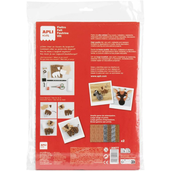 Feutrine - Assortiment imprimés animaux - A4 - 10 feuilles - Loisirs créatifs - Apli Kids