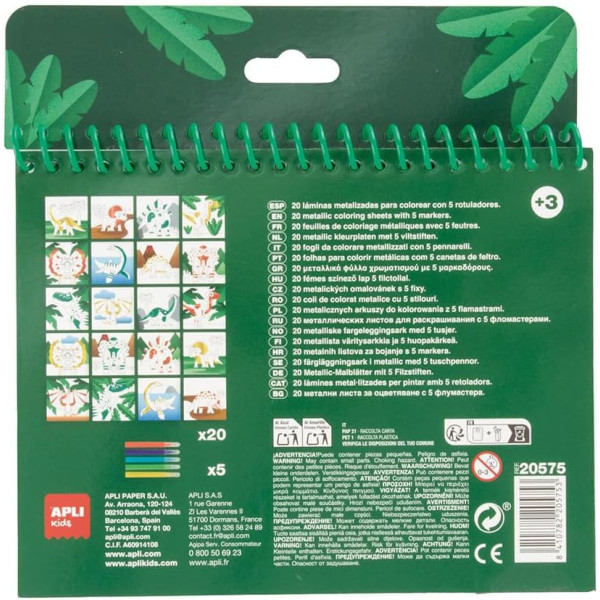 Coloriage - Dinosaures - 5 feutres + 20 illustrations - Dès 3 ans - Apli Kids