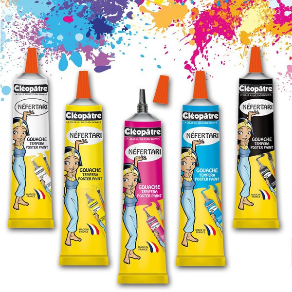 photo-5 tubes de gouache - Blanc jaune bleu magenta noir - Cléopâtre - 30ml