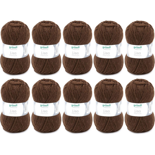 photo-10 pelotes de laine - Chocolat - 23 - 100% acrylique - 3,5/4,5 mm - Gründl - Lisa Premium