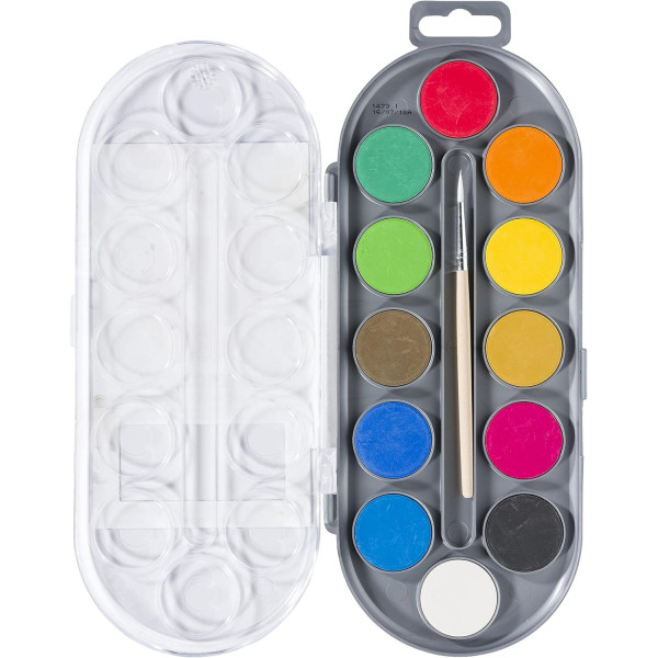 Peinture à l'eau - Palette de 12 couleurs - Pinceau inclus - Enfant - Scolaire - Bruynzeel