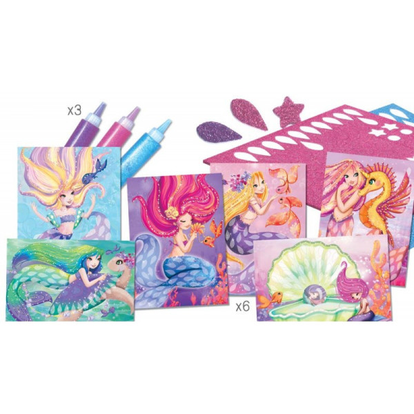 Jeu créatif - Cartes pailletées - Dès 5 ans - 6 tableaux sirènes - Activité manuelle