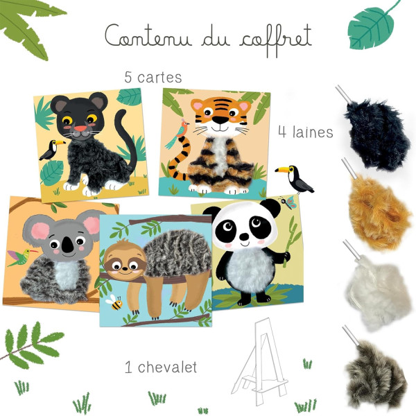 Jeu créatif - Cartes à décorer avec de la laine - 5 modèles animaux - Dès 3 ans - Activité manuelle