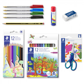 photo-Kit de rentrée des classes - Staedtler - Ciseaux gaucher - Crayons et feutres - Colle - Gomme - Stylos