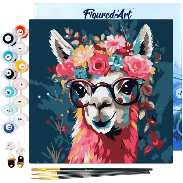 photo-Peinture par numéro - Modèle Lama - 20x20cm - Toile tendue + pinceaux + peinture - Débutant - Figured'Art