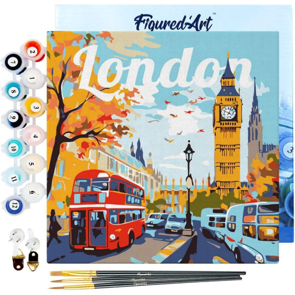 photo-Peinture par numéro - Affiche Londres - 20x20cm - Toile tendue + pinceaux + peinture - Intermédiaire - Figured'Art