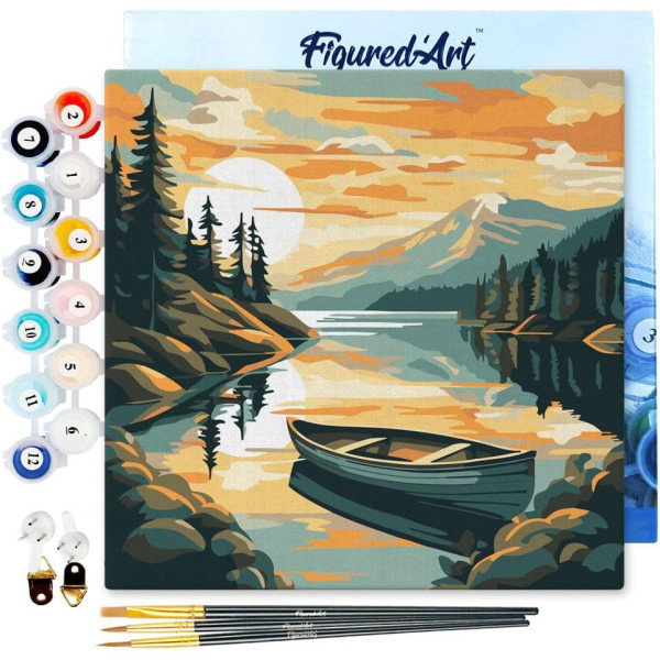 photo-Peinture par numéro - Lac et montagne - 20x20cm - Toile tendue + pinceaux + peinture - Intermédiaire - Figured'Art