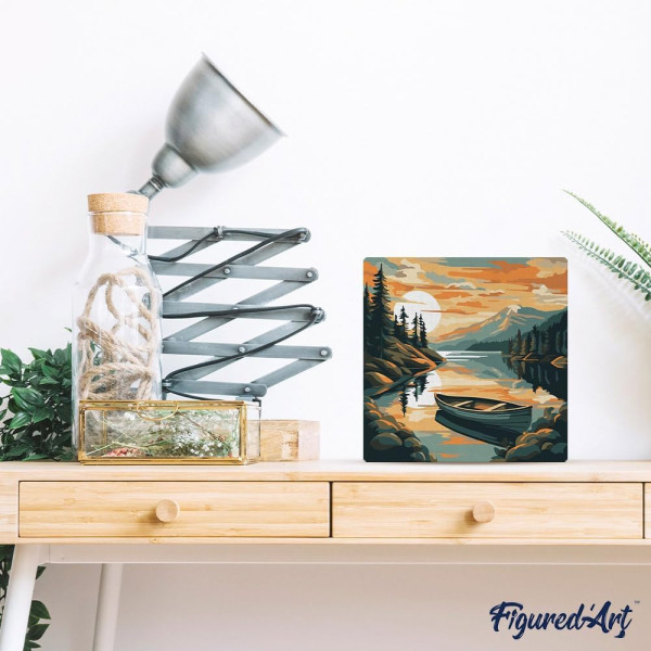 Peinture par numéro - Lac et montagne - 20x20cm - Toile tendue + pinceaux + peinture - Intermédiaire - Figured'Art