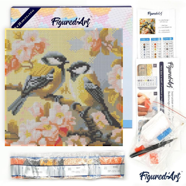 Diamond painting - Support cadre en toile - Modèle couple d'oiseaux - 25x25cm - Figured'Art