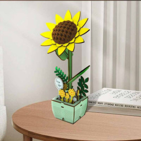 Maquette - 3D - Puzzle - 74 Pièces en bois - Tournesol en pot - 9,4x7,9x21cm - Figured'Art