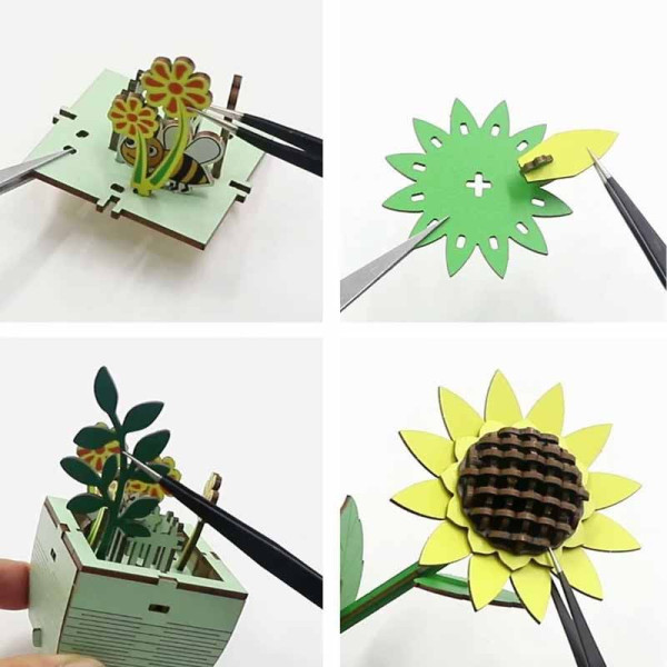 Maquette - 3D - Puzzle - 74 Pièces en bois - Tournesol en pot - 9,4x7,9x21cm - Figured'Art