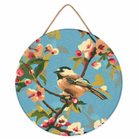 photo-Diamond painting - Support disque en bois - Modèle oiseau sur branche - 30cm diamètre - Figured'Art