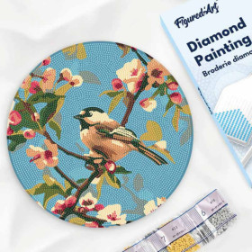 Diamond painting - Support disque en bois - Modèle oiseau sur branche - 30cm diamètre - Figured'Art
