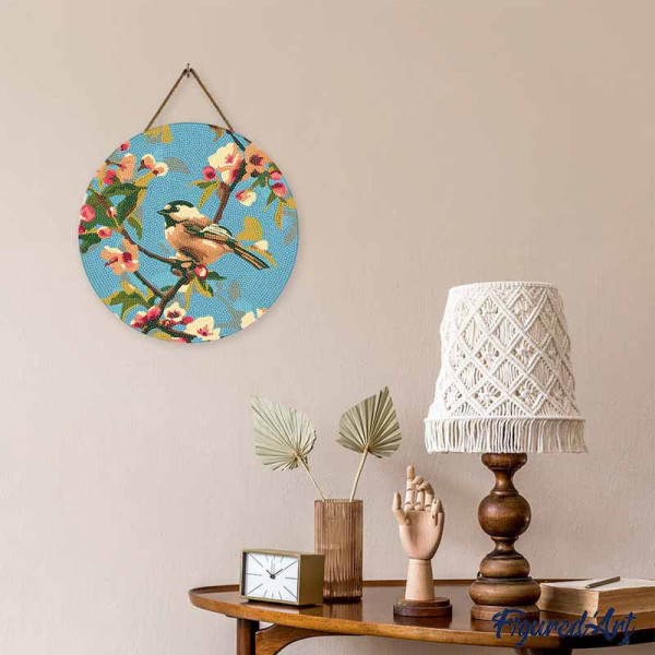 Diamond painting - Support disque en bois - Modèle oiseau sur branche - 30cm diamètre - Figured'Art