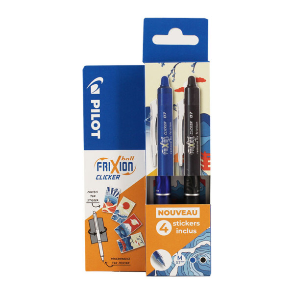 photo-2 stylos FriXion Ball Clicker 0.7 pointe moyenne noir bleu Pilot + stickers