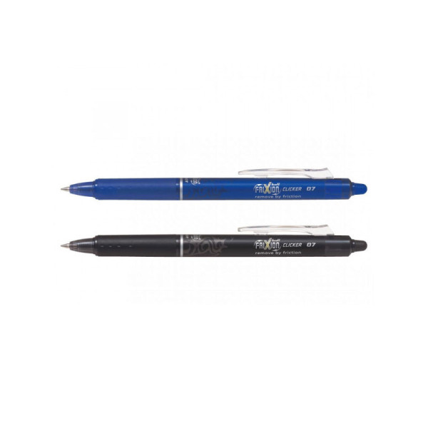 2 stylos FriXion Ball Clicker 0.7 pointe moyenne noir bleu Pilot + stickers