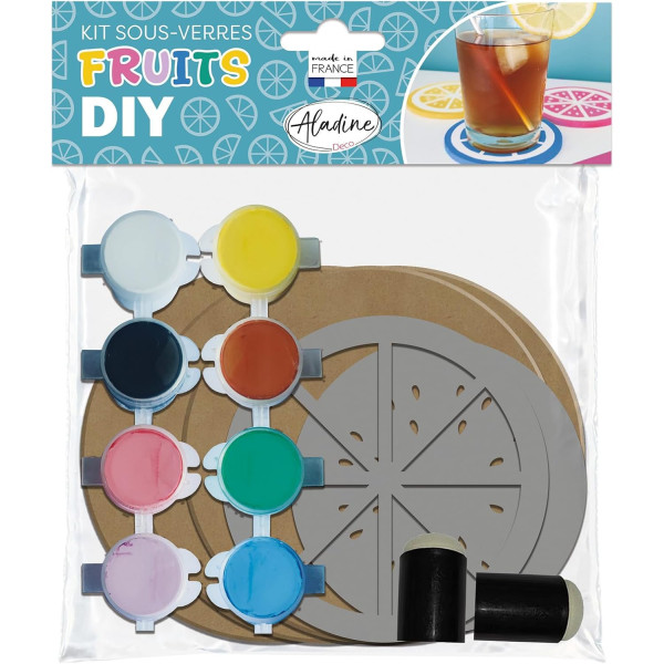 photo-Kit créatif - Décorer sous-verres - 8 pièces en bois + Pochoirs + peinture - Aladine